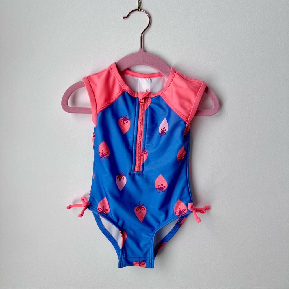Girls' Blue & Pink Strawberry Zip Front Swimsuit Size 12 Months